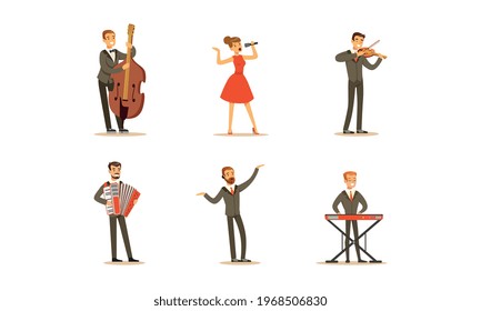 Set of Professional Classical Musicians and Singers, People Performing on Stage Cartoon Vector Illustration