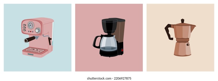 Set of professional coffee making equipment. Coffee machine and coffee maker for brewed hot drink. Hand drawn vector illustration isolated on colored background. Flat style.