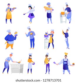 Set of professional cooks with culinary tools during food preparation and with ready dishes isolated vector illustration