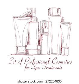 set of professional cosmetics for spa treatments drawn handle by hand. vector illustration for your design. Blank cosmetic tubes on white background.