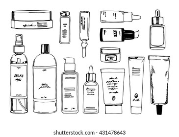 Set of professional cosmetics for spa treatments drawn handle by hand. Vector illustration for your  design. Blank cosmetic tubes on white background