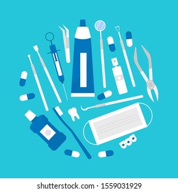 Set of professional dentist tools in circle shape. Tooth care equipment. Dental theme.  Flat vector design.