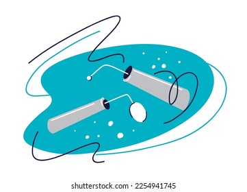 Un conjunto de herramientas dentarias profesionales para el diagnóstico de enfermedades de la cavidad oral, dientes y tratamiento. Día del dentista. Ilustración dental con fondo abstracto. Espátula y espejo dental.