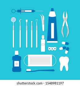 Set of professional dentist tools. Tooth care equipment. Dental theme.  Flat vector design.