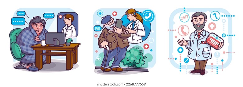 Grupo de médicos profesionales consultando a sus pacientes en línea. Personajes de caricatura que proporcionan servicios de salud modernos y remotos. Hacer el diagnóstico y tratar en línea. Vector