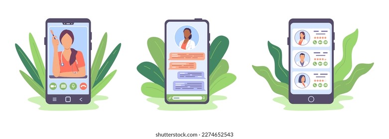 Set of professional doctors providing medical support online. Remote medical consultation via Internet. Modern healthcare services and apps. Video call meeting with therapists. Vector