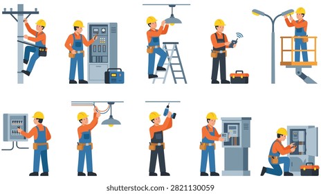 Set of professional electrical workers installing lighting repairing panels and fixing power lines in orange uniforms with tools and safety gear.