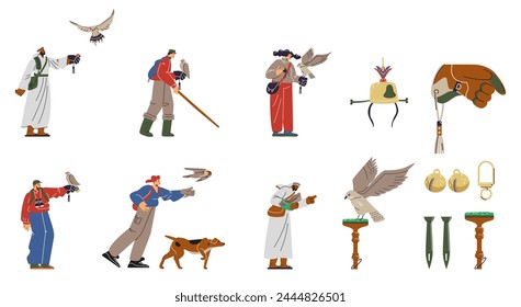 Conjunto de equipo profesional para cetrería y entrenamiento de aves rapaces: perca de bloque, mews o jess de campo, guante, capucha. Personas, cetreros árabes con halcón, caza de aves. Ilustraciones vectoriales de dibujos animados