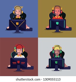 Set of professional gamer playing video game on computer. E sport player. Vector illustration
