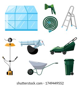 Set professional garden tools on white background in flat style. Kit greenhouse, lawn mower, trimmer, blower, watering hose, wheelbarrow, trash can, ladder. Set vector illustrations farm symbols.