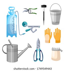 Set professional garden tools on white background in flat style. Kit sprayer, street lamp, gloves, bucket, watering can, pruner, garter belt, scissors. Collection vector illustrations farm symbols.