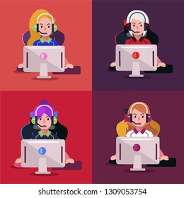 Set of professional girl gamer playing video game on computer. E sport player. Vector illustration
