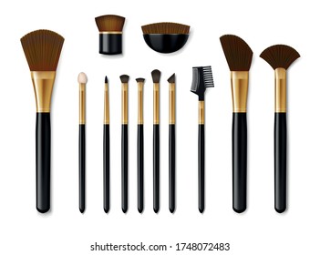 Set of Professional golden make up brushes isolated. Realistic cosmetic Powder Blush, Eye Shadow, Brush, eye shadow, foundation. Vector illustration