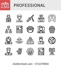 Set von professionellen Symbolen. Kameras, Tattoo-Künstler, Chef, Schraubenzieher, Hut, Vereinbarung, Curriculum, Hockey-Helm, Programmierer, Helm, Arbeiter, Eishockey, professionelle Symbole