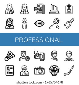 Set of professional icons. Such as Secretary, Policewoman, Plier, Mri, American football, Column, Badminton, Resume, Pliers, Shuttlecock, Basketball player , professional icons