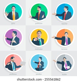 Set of professional image avatars professions related to performances. Workshops, top seminars, training, presentations, negotiations, the board, forum, conference, webinar lecture. Vector. Icon.