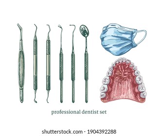 set of professional instruments for dental treatment, dental restoration, medical industrial mask, healthy teeth, jaw, vector detailed drawing, collection for poster, business cards, booklets