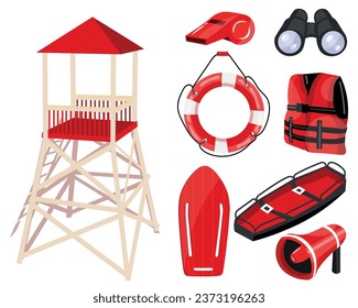 Set of professional items of lifeguard on white background