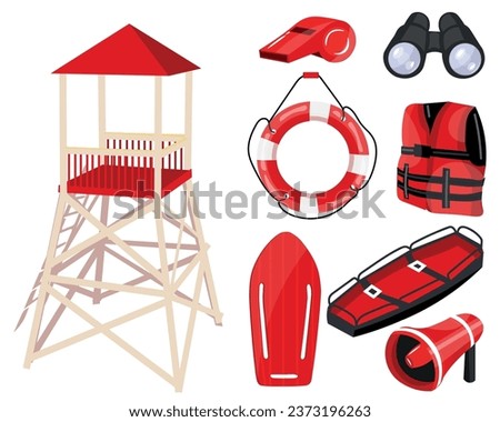 Set of professional items of lifeguard on white background