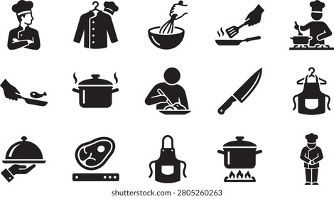 Set of professional kitchen symbols featuring chefs attire and cooking implements. Ideal for restaurant branding and food service promotion.