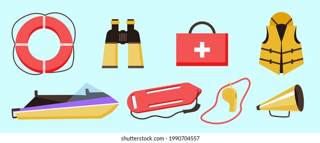 Set for professional lifeguard work on sea or ocean beach. Equipment for rescue and medical first aid of drowning. Flat cartoon vector isolated illustrations.