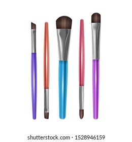 Set of Professional Makeup Brushes for EyeShadow Brow Brushes with colorful Handles Isolated on White Background, Vector EPS 10 format