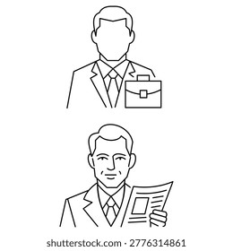 Set of professional man icons featuring a businessman holding a briefcase and reading a newspaper. Minimalist line art vector representing financial news, market research, professional daily routine, and corporate communications. Clean outline for business blog and educational content.Editable stroke, Vector illustration, Line art Icon, Symbols.