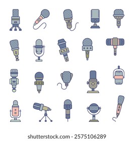 Set of professional microphones with unique and stylish designs featuring creativity devices for detailed audio recording and creative broadcasting in studio outline illustration style elements