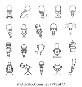 Set of professional microphones with unique and stylish designs featuring creativity devices for detailed audio recording and creative broadcasting in studio outline illustration style elements