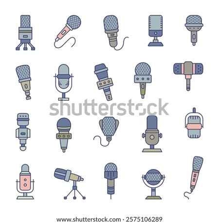 Set of professional microphones with unique and stylish designs featuring creativity devices for detailed audio recording and creative broadcasting in studio outline illustration style elements