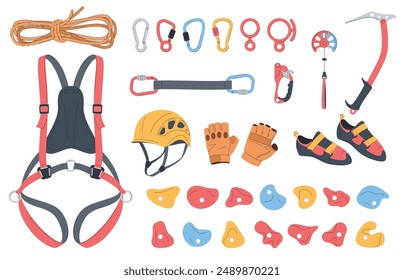 A set of professional mountaineering equipment. Equipment for climbing high mountain tops, high-altitude works. Safety equipment for work at height. Vector illustration