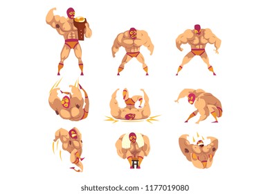 Set of professional muscular wrestler in different actions. Mixed martial artist. Combat sport. Strong man character in mask and sports shorts. Flat vector design