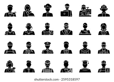 A set of professional occupation icons in solid black style, representing various careers such as healthcare, engineering, law enforcement, and education. Ideal for infographics and presentations.