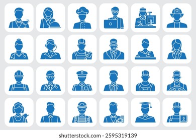 A set of professional occupation icons in a square background style, representing various careers such as healthcare, engineering, law enforcement, and education. Ideal for business and corporate proj