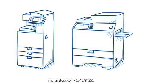Set of professional office printing devices, multifunctional laser printer and copy machine. Hand drawn line art cartoon vector illustration.