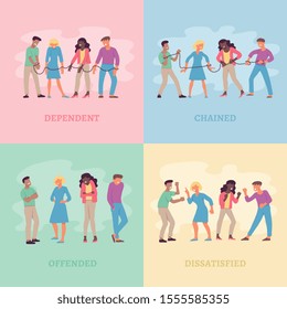Set of professional people dissatisfied with various problems and difficulties such as dependence and chained stiffness in the team work flat vector banners.