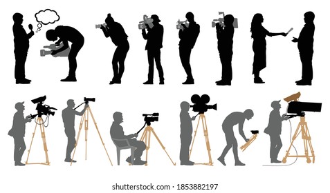 Set of professional people with video cameras and photo cameras. Silhouettes are separated. Vector illustration.