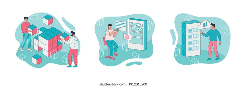Conjunto de profesionales que trabajan en el centro de datos. Concepto de macrodatos y redes. Ilustración vectorial en estilo plano.