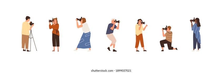 Set of professional photographers or cameramen at work. Collection of creative men and women holding cameras and taking photos. People photographing. Colorful flat vector illustration