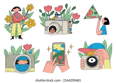 Set of professional photographers or cameramen at work. Collection of creative men and women holding cameras and taking photos. People photographing. Colorful flat vector illustration