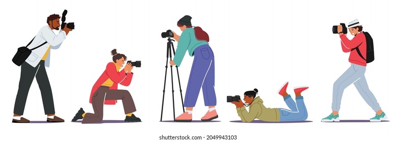 Set Professional Photographers with Photo Camera. Creative Profession or Occupation. Female and Male Characters Photographing, Take Photo Shot. People Creative Hobby. Cartoon Vector Illustration