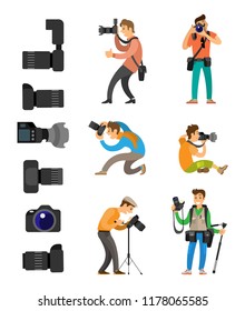 Set of professional photographing gear with flash lights, removable lens isolated on white vector icons. Photographers with digital camera taking photo