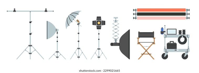 Mit professionellen Fotoapparaten für Studioblitze ausgestattet. Stativ stehen für einen Hintergrund, Soft Box, Reflektor, Regenschirm etc. Vektorgrafiken einzeln auf weißem Hintergrund