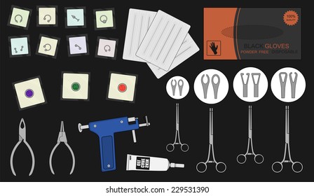 Set of professional piercing studio equipment. Different shapes piercings, gloves, gemstones, pliers, piercing gun, skin care cream, needles. Color illustration isolated on  black
