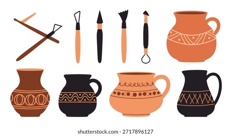 Conjunto de cerâmica profissional que faz ferramentas e vários potes de argila acabados e jarras com padrões decorativos étnicos.