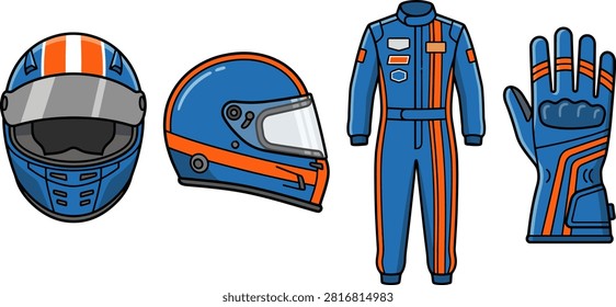A set of professional racing driver equipment including a helmet, a racing suit, and protective gloves in blue and orange colors.