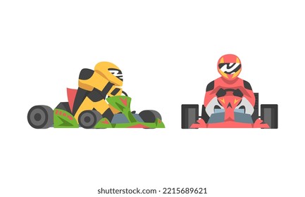 Set of professional racing driver in uniform sitting in race car cartoon vector illustration