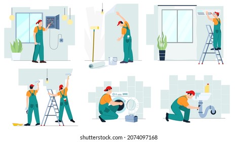 Conjunto de trabajadores profesionales de reparación en uniforme verde hacen reformas en casa. Reparador fija la electricidad, el tubo de agua, la lavadora, el acondicionador, el papel tapiz de pegamento, la pared de pintura. Ilustración del vector