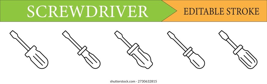 Conjunto de iconos de línea de destornillador profesional para proyectos de reparación, bricolaje y hardware. Cuenta con un trazo editable para una fácil personalización en los App de Vector.
