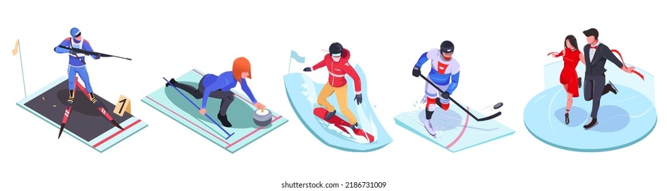Set of professional sportsmen characters, figure skaters, biathlon cross-country skiing, curling, Snowboarder, Hockey player. Winter sports competition, isolated isometric icons. Vector illustration